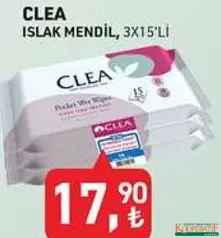 CLEA ISLAK MENDİL 3X15'Lİ indirimli fiyat CLEA ISLAK MENDİL 3X15'Lİ fiyat ve kampanya bilgisi